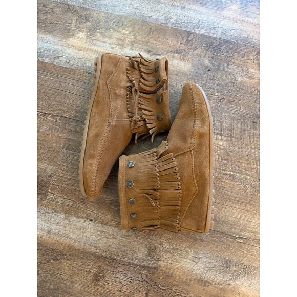 MinneTonka brown suede double fringe side zip boots EUC Sz 10 - Picture 10 of 10